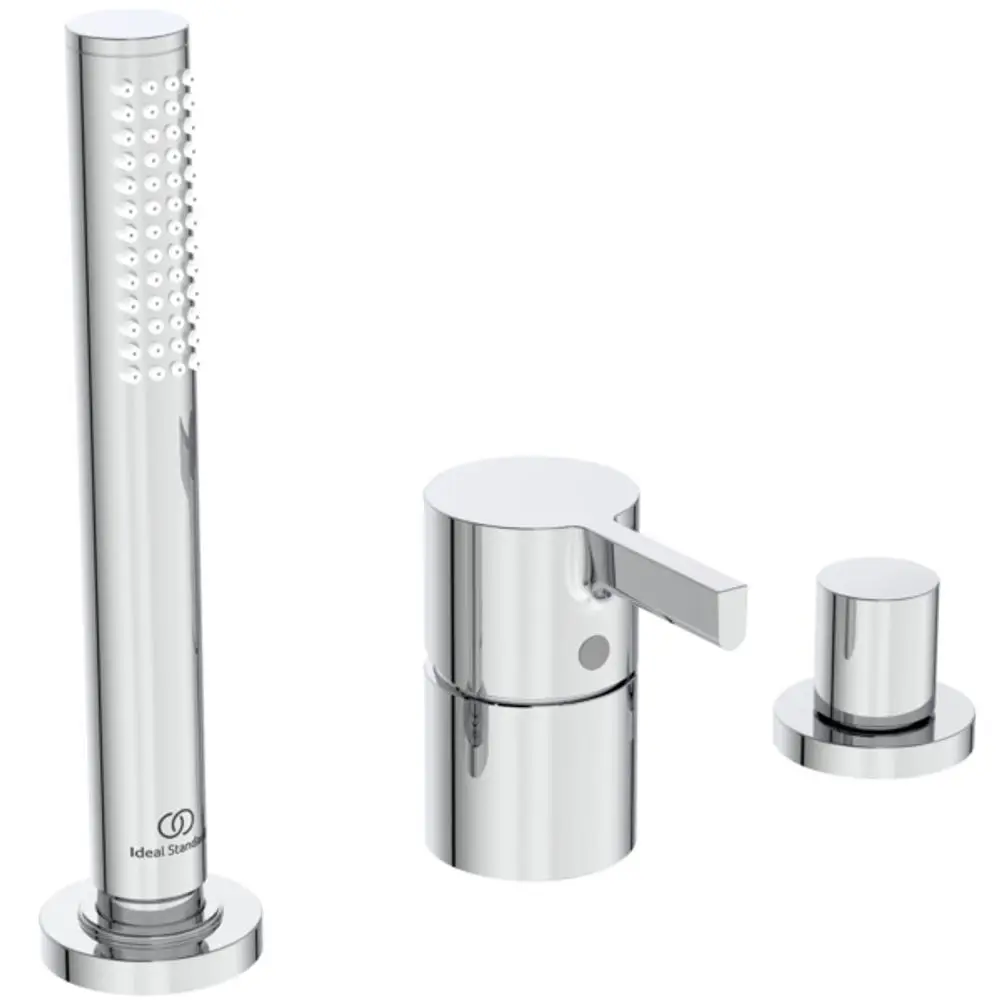 Dreiteiliges Wannenrandarmatur-Set in Chrom von Ideal Standard, bestehend aus einem Auslauf und einem Steuerungselement mit Umsteller.